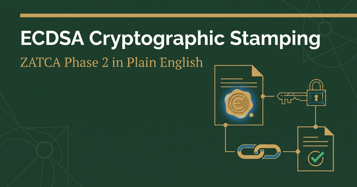 صورة غلاف شرح الختم التشفيري ECDSA لزاتكا يظهر مفتاحاً وسلسلة تجزئات فواتير وختم توقيع رقمي أخضر