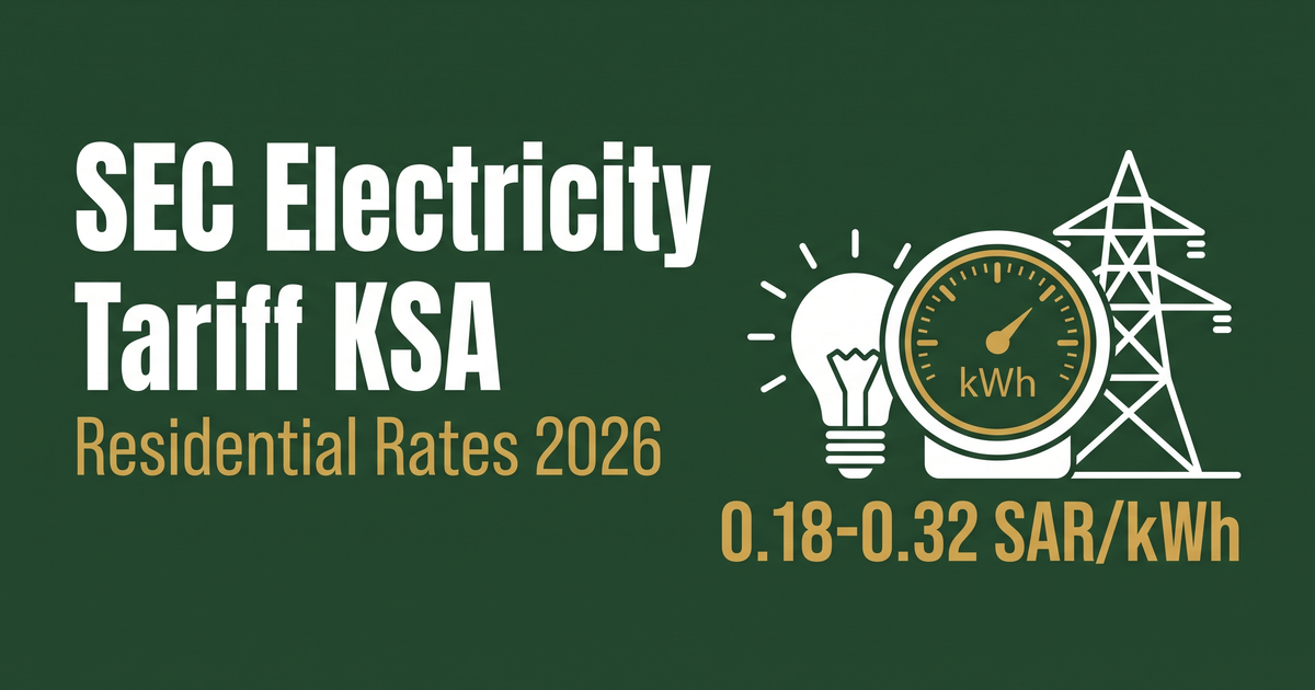 SEC electricity tariff Saudi Arabia cover with a light bulb, kWh meter, and SAR per kWh rate