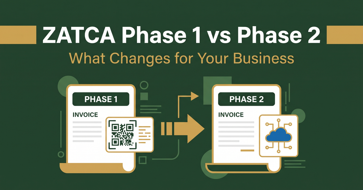 ZATCA Phase 1 vs Phase 2 cover showing two invoice documents side by side with QR code and Fatoora icons