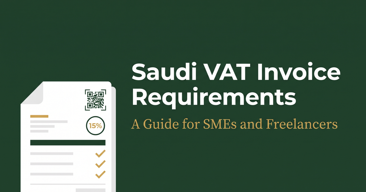 Saudi VAT invoice requirements cover showing a sample tax invoice with QR code and 15% VAT badge